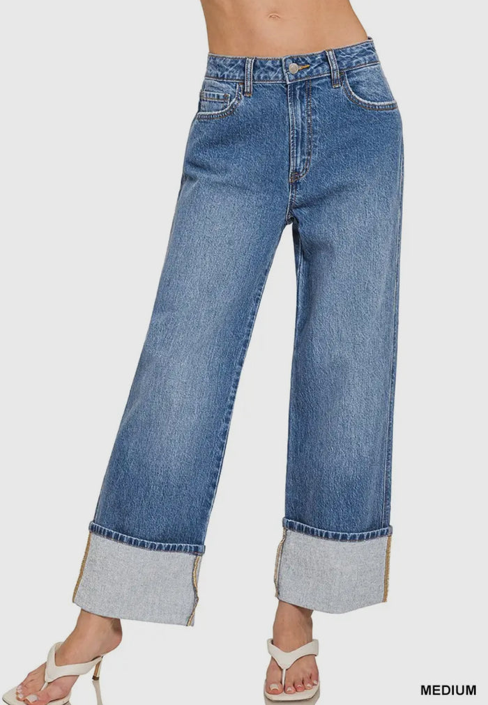 High Rise Wide Leg Cuffed Jeans