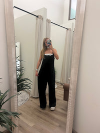 Black Knit Waffle Wide Leg Overalls with Pockets