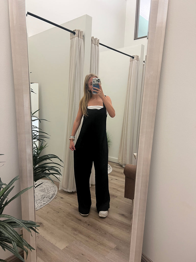 Black Knit Waffle Wide Leg Overalls with Pockets