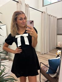 Black Puff-Sleeve Mini Dress with Statement Ivory Bow