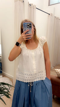 Eyelet Lace Trim Cap Sleeve Button Down Blouse