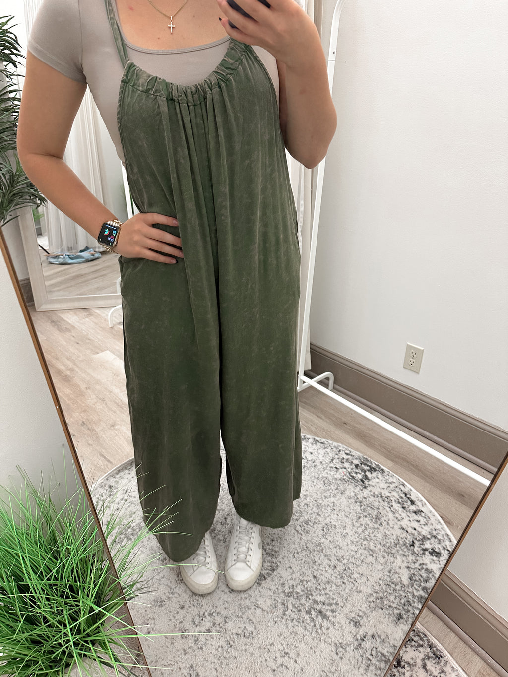 Olive Mineral Washed Loose Fit Wide Leg Woven Jumpsuit