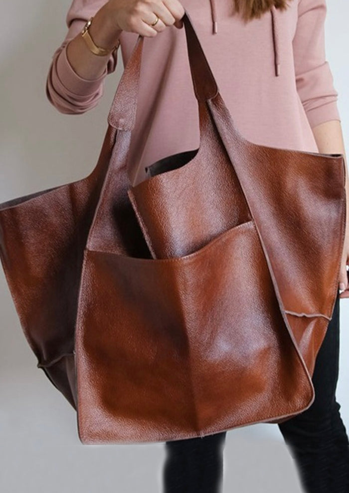 Oversized Black Vegan Leather Tote Bag with Front Pocket