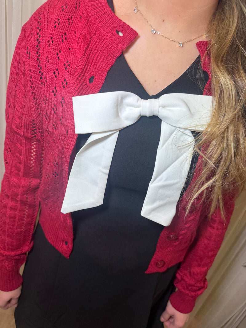 Black Puff-Sleeve Mini Dress with Statement Ivory Bow