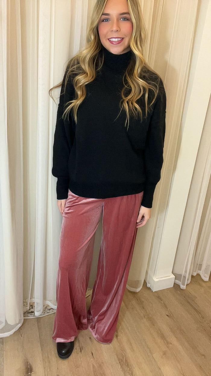 Wide Leg Velvet Trousers - Rose Mauve