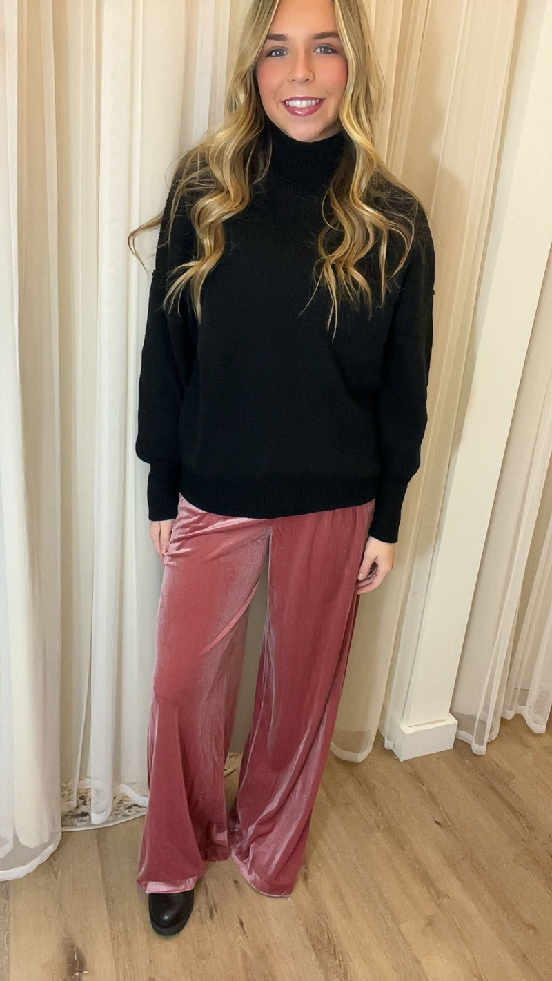 Wide Leg Velvet Trousers - Rose Mauve