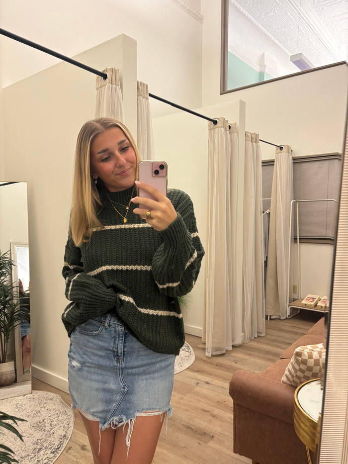 Olive Green Knit Sweater with Cream Stripes