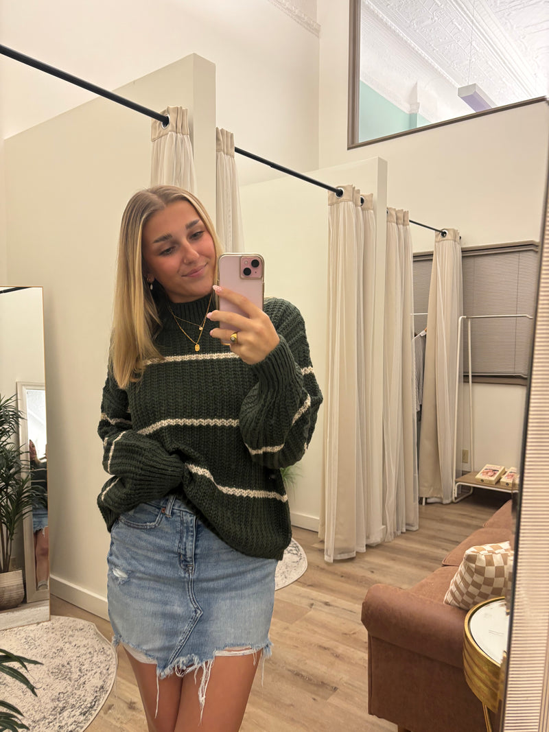 Olive Green Knit Sweater with Cream Stripes