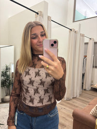 High Neck Fitted Sheer Mesh Bows Lace Knit Top Long Sleeve