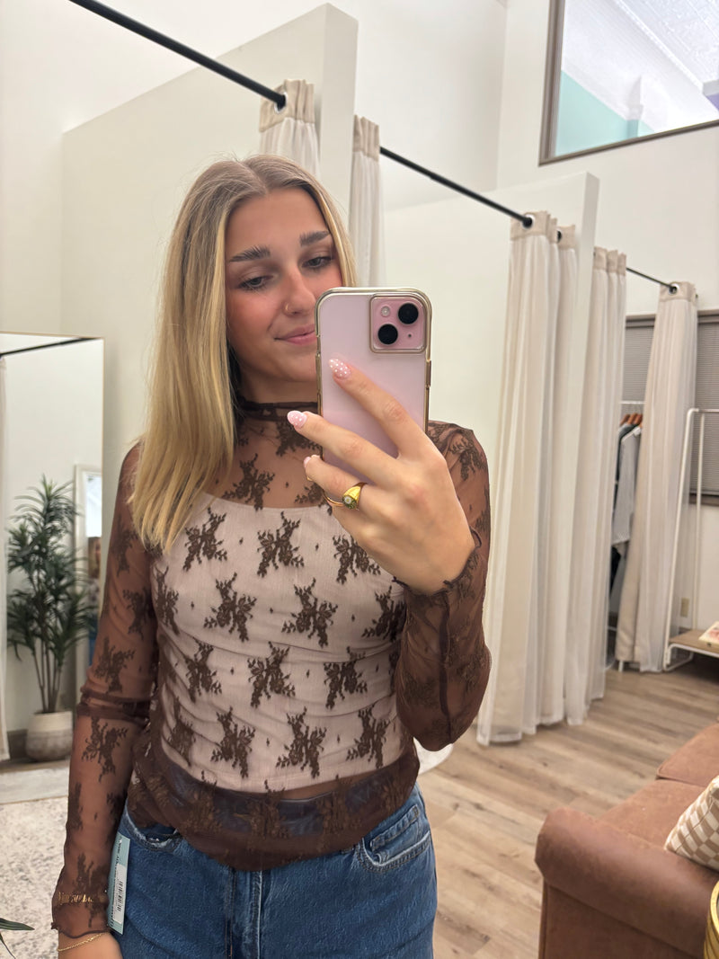 High Neck Fitted Sheer Mesh Bows Lace Knit Top Long Sleeve