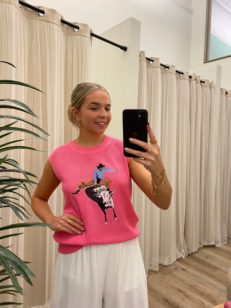 Western Cowboy Embroidery Round Neck Sleeveless Sweater in Pink