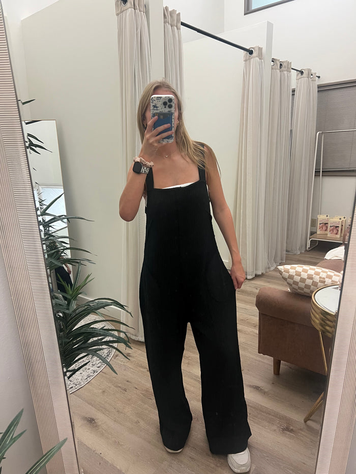 Black Knit Waffle Wide Leg Overalls with Pockets
