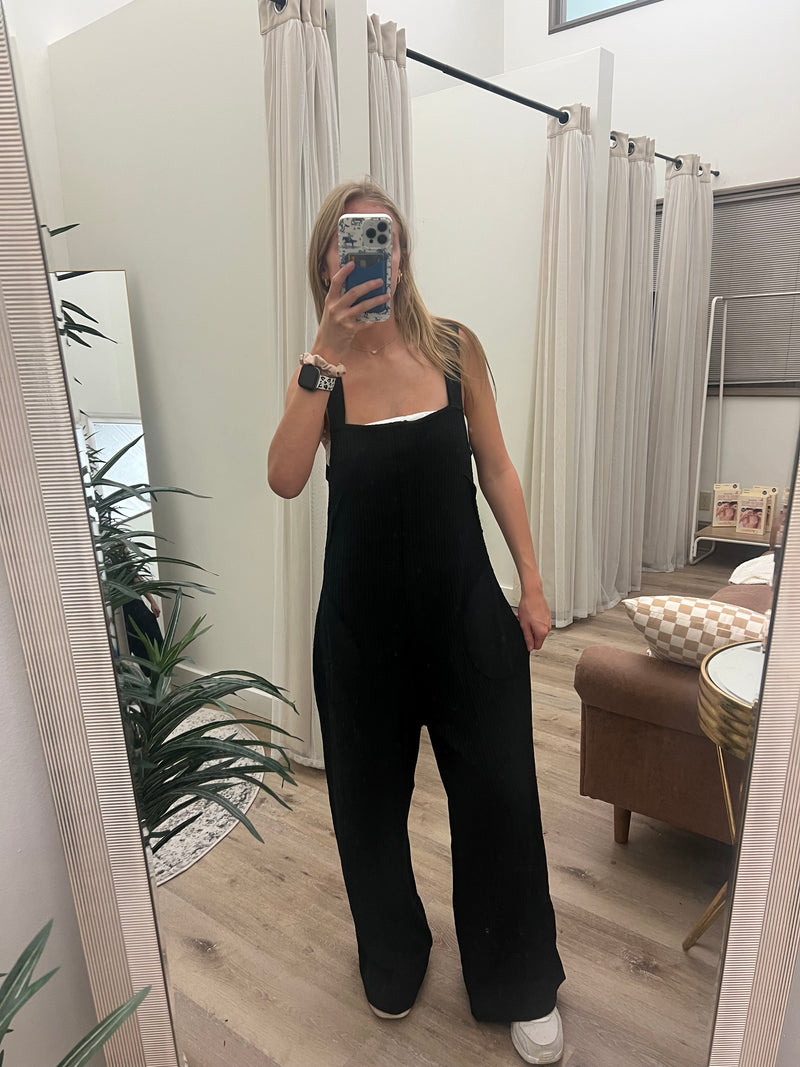Black Knit Waffle Wide Leg Overalls with Pockets