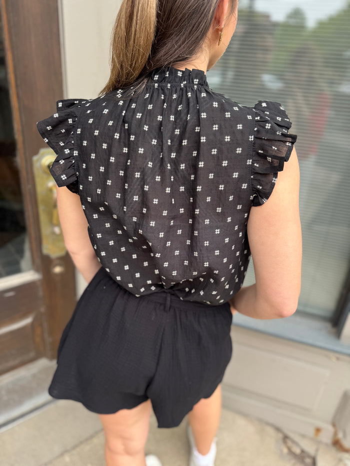 Black Print Ruffle Neck and Shoulder Blouse for Women