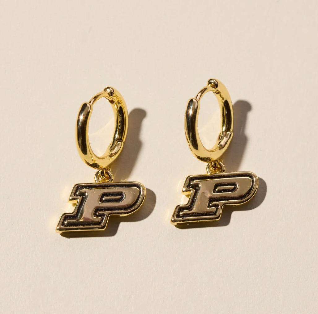 Purdue University Gold Tone Huggie Earrings With P Charm