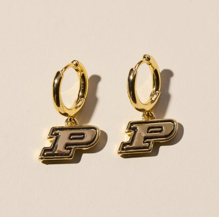 Purdue University Gold Tone Huggie Earrings With P Charm