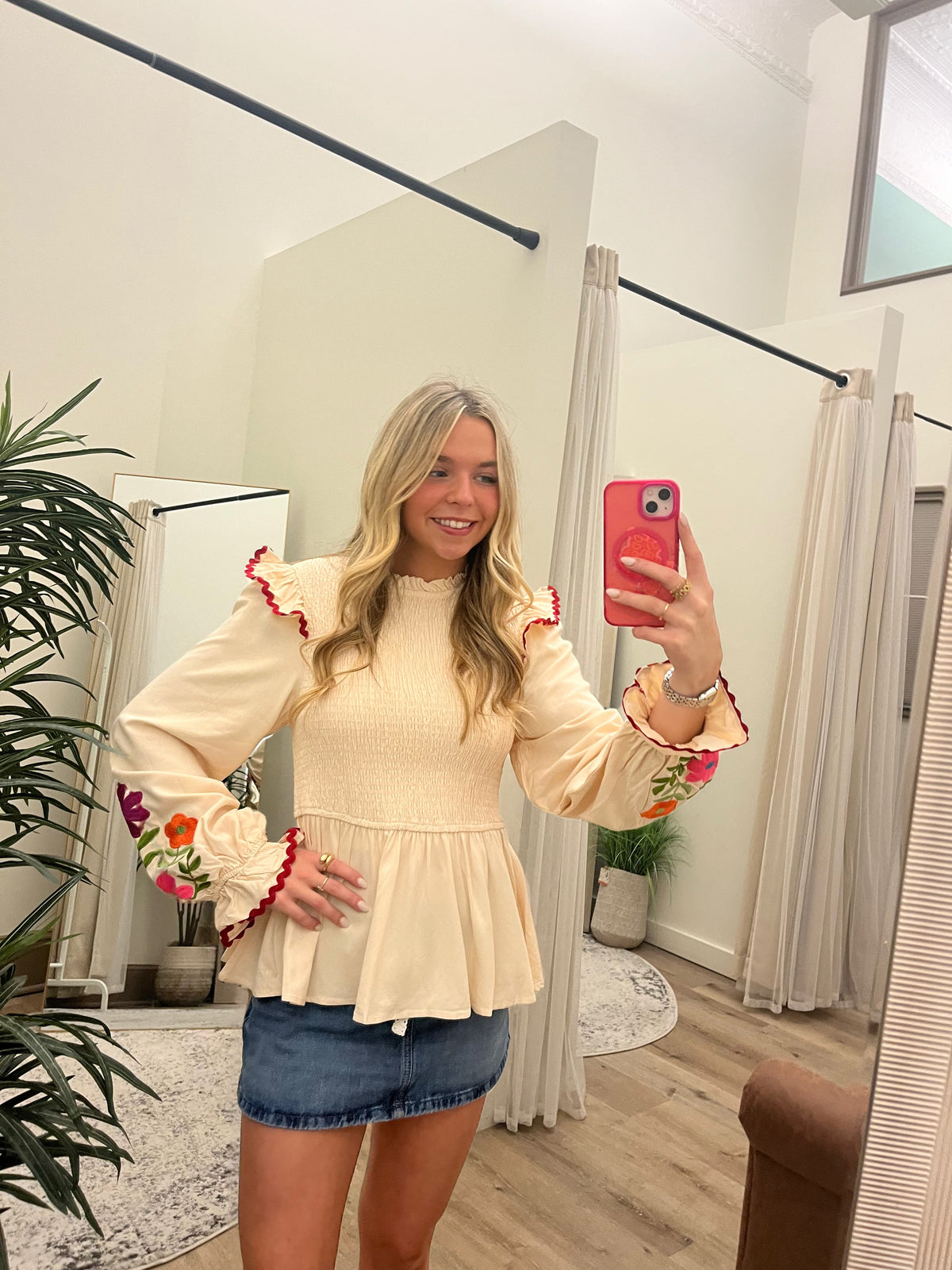 Cream Peplum Top with Embroidered Floral Sleeves