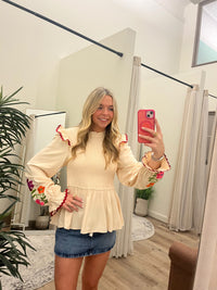 Cream Peplum Top with Embroidered Floral Sleeves