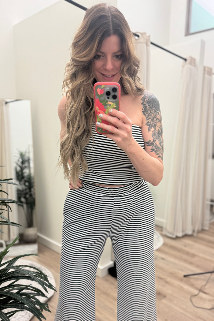 Stripe Pattern Tube Top & Wide Leg Pants Set