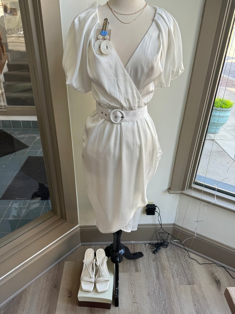 Satin Bubble Sleeve Wrap Dress - Off White