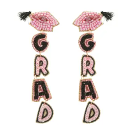 Grad Letter Beaded Sequin Graduate Cap Earrings - Pink