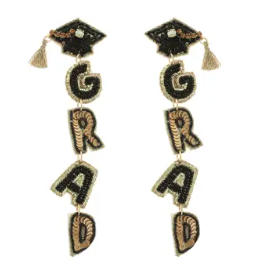 Grad Letter Beaded Sequin Graduate Cap Earrings- Black and Gold
