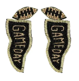 Game Day Letter Beaded Sequin Flag Post Earrings- Black and Gold