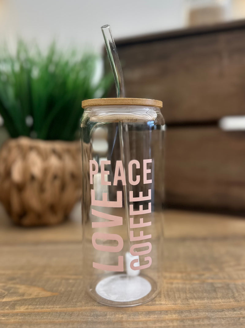 Pink Peace Love Coffee Beer Can Glass w/ Lid & Straw