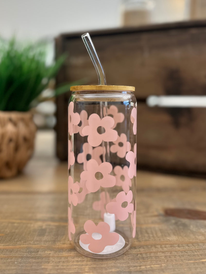 Pink Flowers Beer Can Glass w/ Lid & Straw
