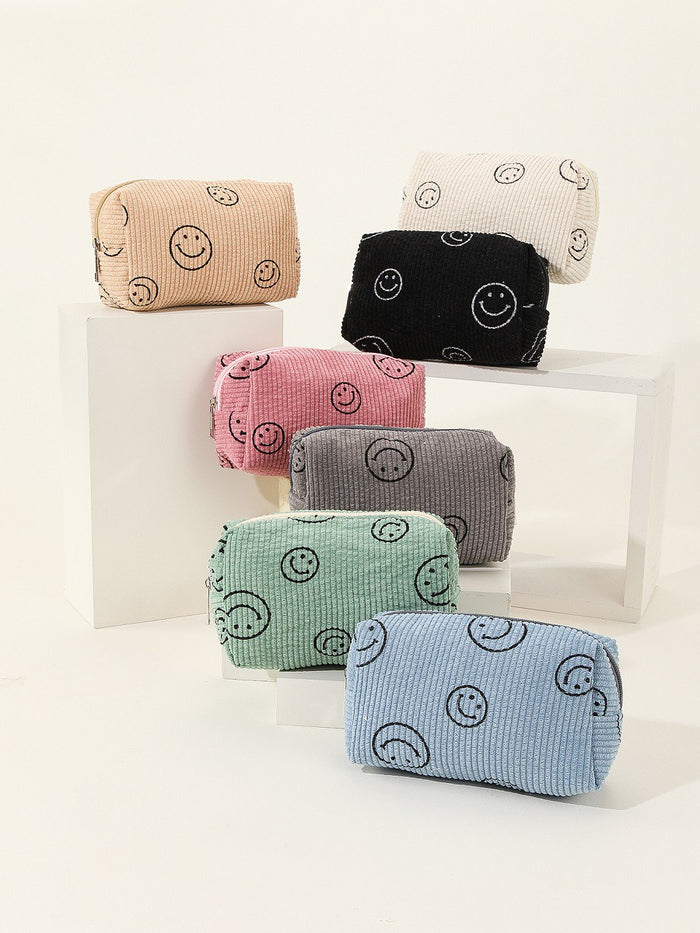 Smiley Face Corduroy Cosmetic Pouch Bag for Makeup Storage
