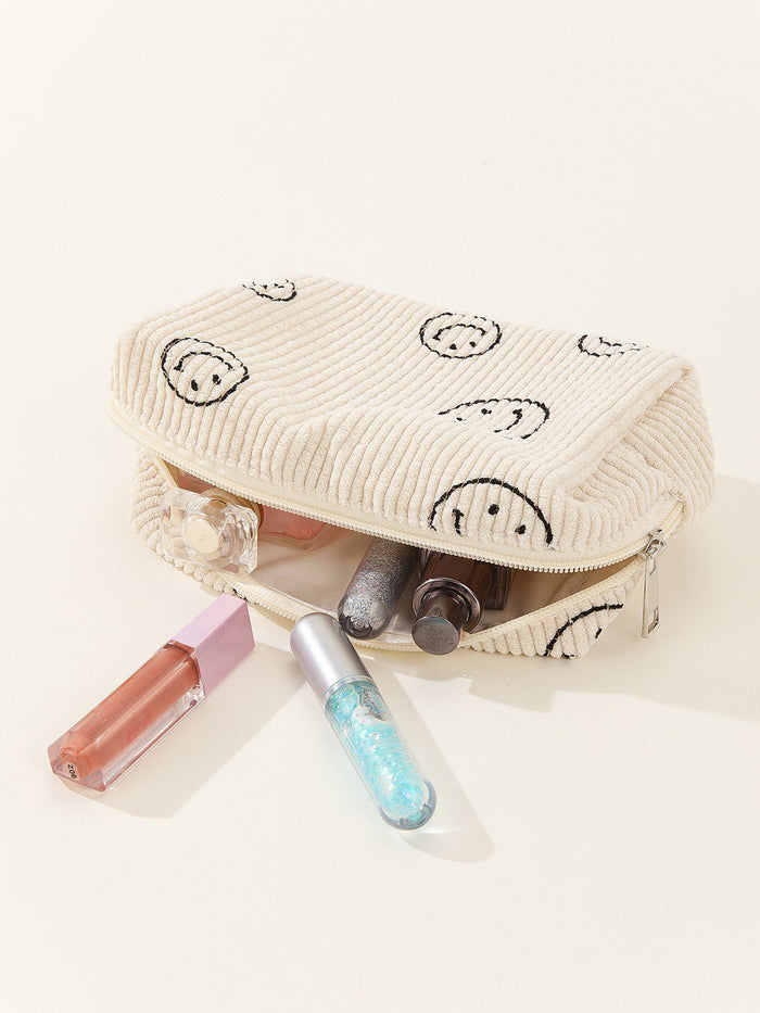 Smiley Face Corduroy Cosmetic Pouch Bag for Makeup Storage