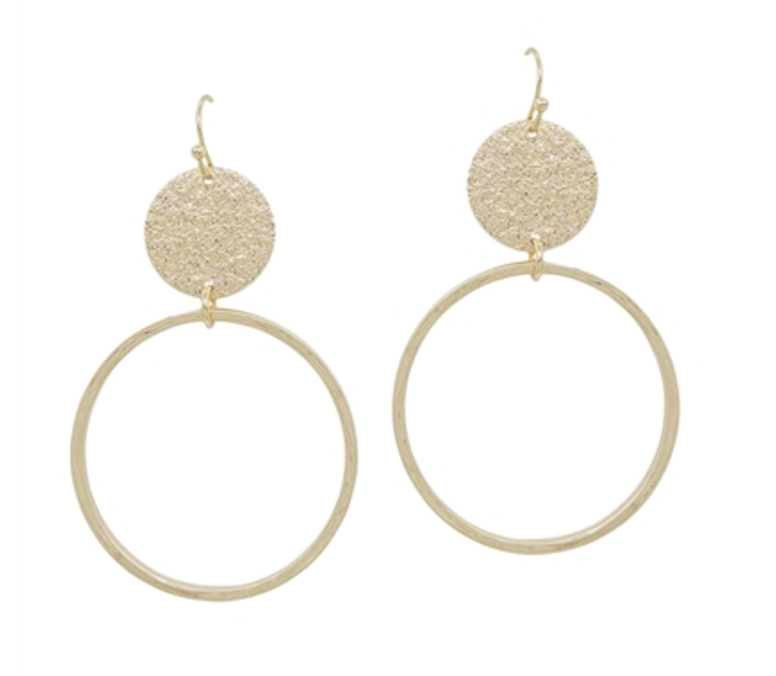 Gold Satin Textured Circle with Open Circle 1.5" Earring