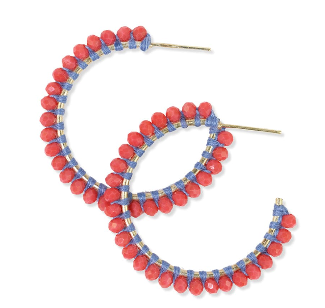 Lillian Crystal Beaded Threaded Beads Hoop - Coral