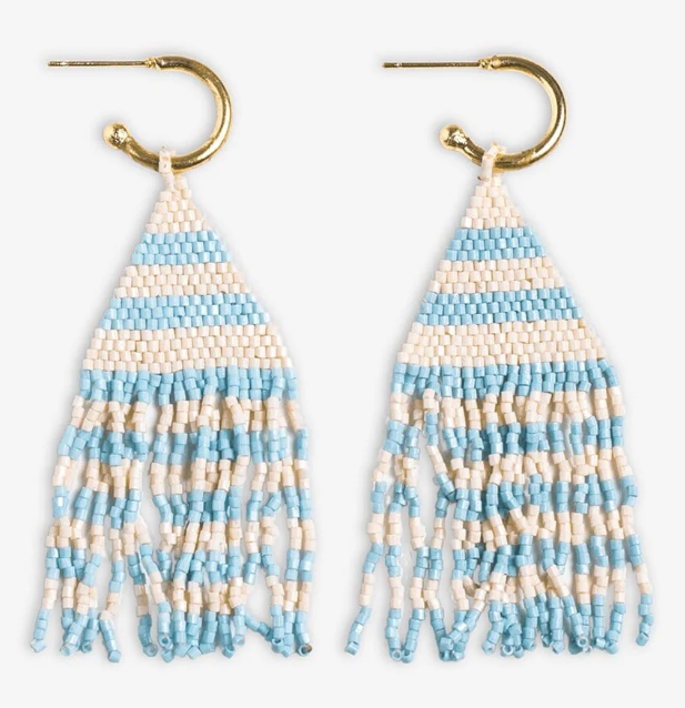 James Mini Gold Hoop Two Tone Striped Fringe Earrings- Light Blue