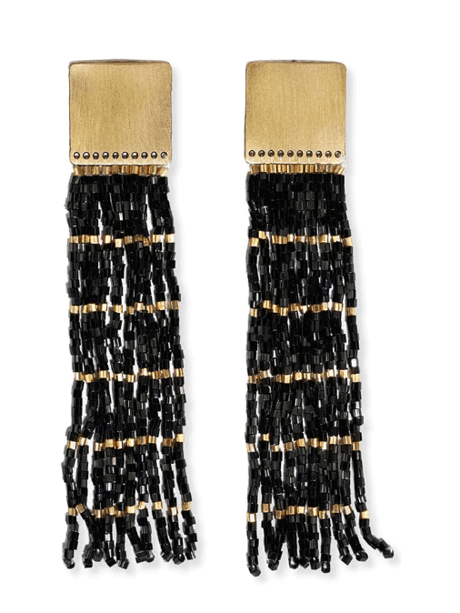 Harlow Brass Top Fringe Earrings- Black
