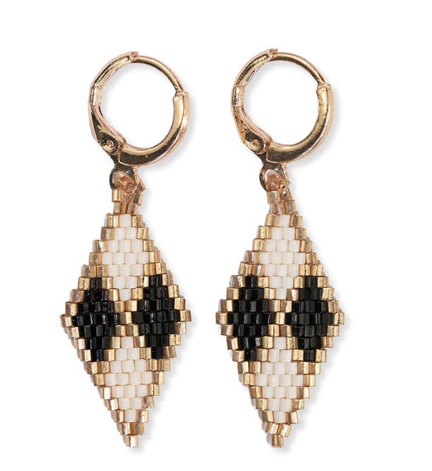 Carmen Mini Gold Hoop Diamond Pattern Earrings- Black and White