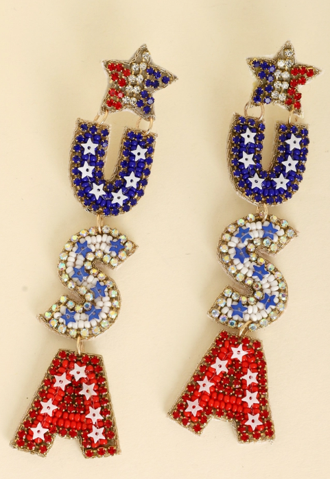 Patriotic USA Beaded Rhinestone Earrings