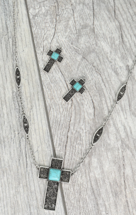 Western Turquoise Cross Filigree Necklace and Earrings Set