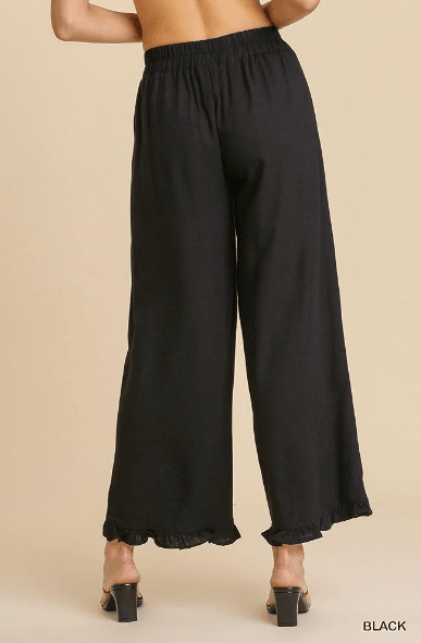 Linen Blend Elastic Waist Ruffle Hem Pants with Pockets- Plus Size