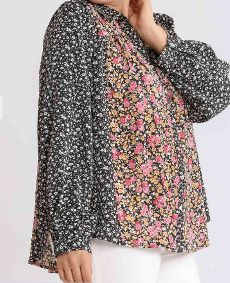 Sheer Mixed Floral Print Collar Button Down Long Sleeve Top with High Low Hem- Plus Size