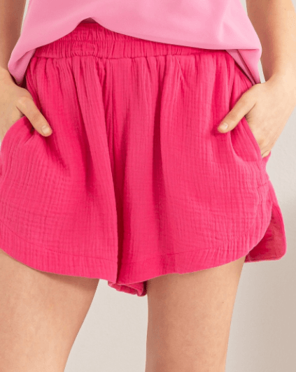 High Waisted Pocketed Gauze Pink Shorts
