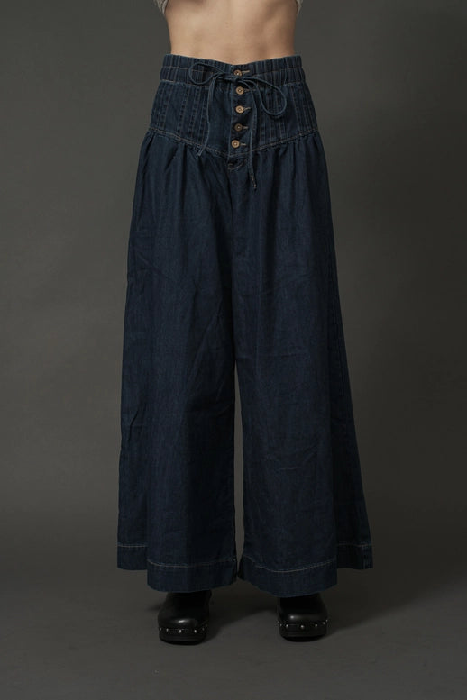 Yoka Pintuck Wide Leg Denim Pants for Effortless Style