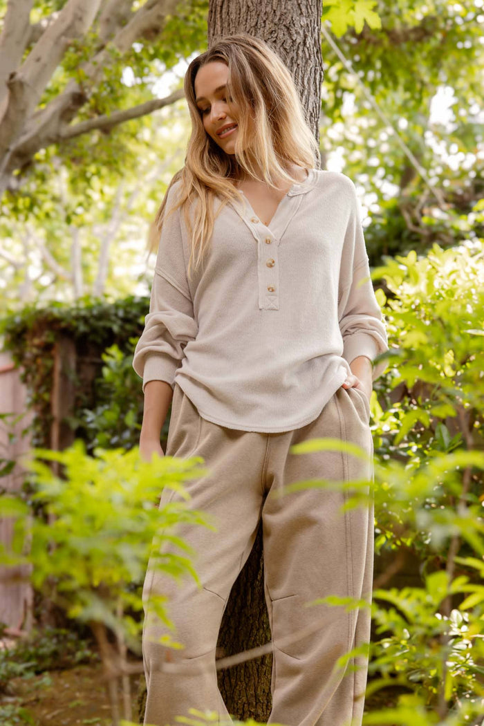 V-Neck Half Button Long Sleeved  Exposed Seam Top
