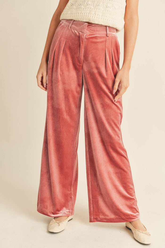 Wide Leg Velvet Trousers - Rose Mauve