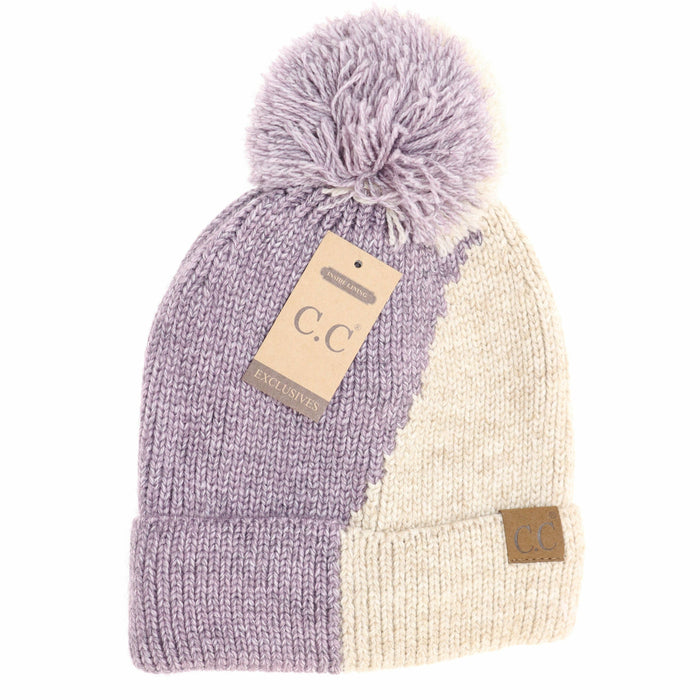 Two Tone Knit CC Beanie Hat - Violet/Beige Stylish Accessory