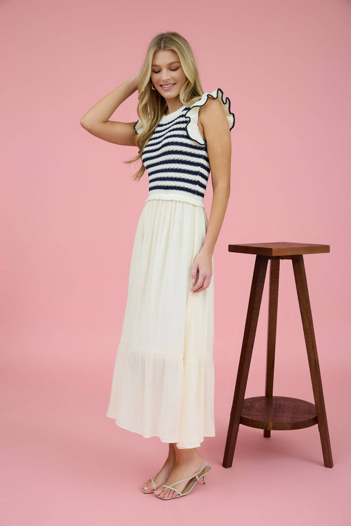 Blu Pepper Maxi Dresses: Womens Stripe Knit Top With Mixed Media Midi Dress