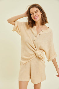 Henley Sweater Top & Shorts Set – Comfy Chic in Beige