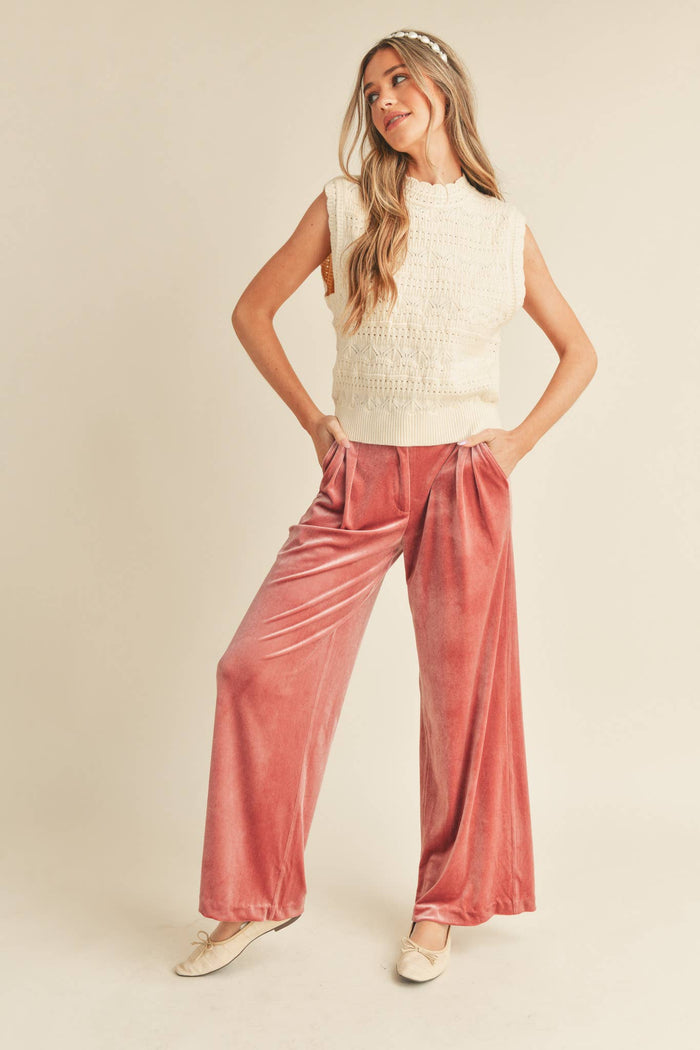 Wide Leg Velvet Trousers - Rose Mauve