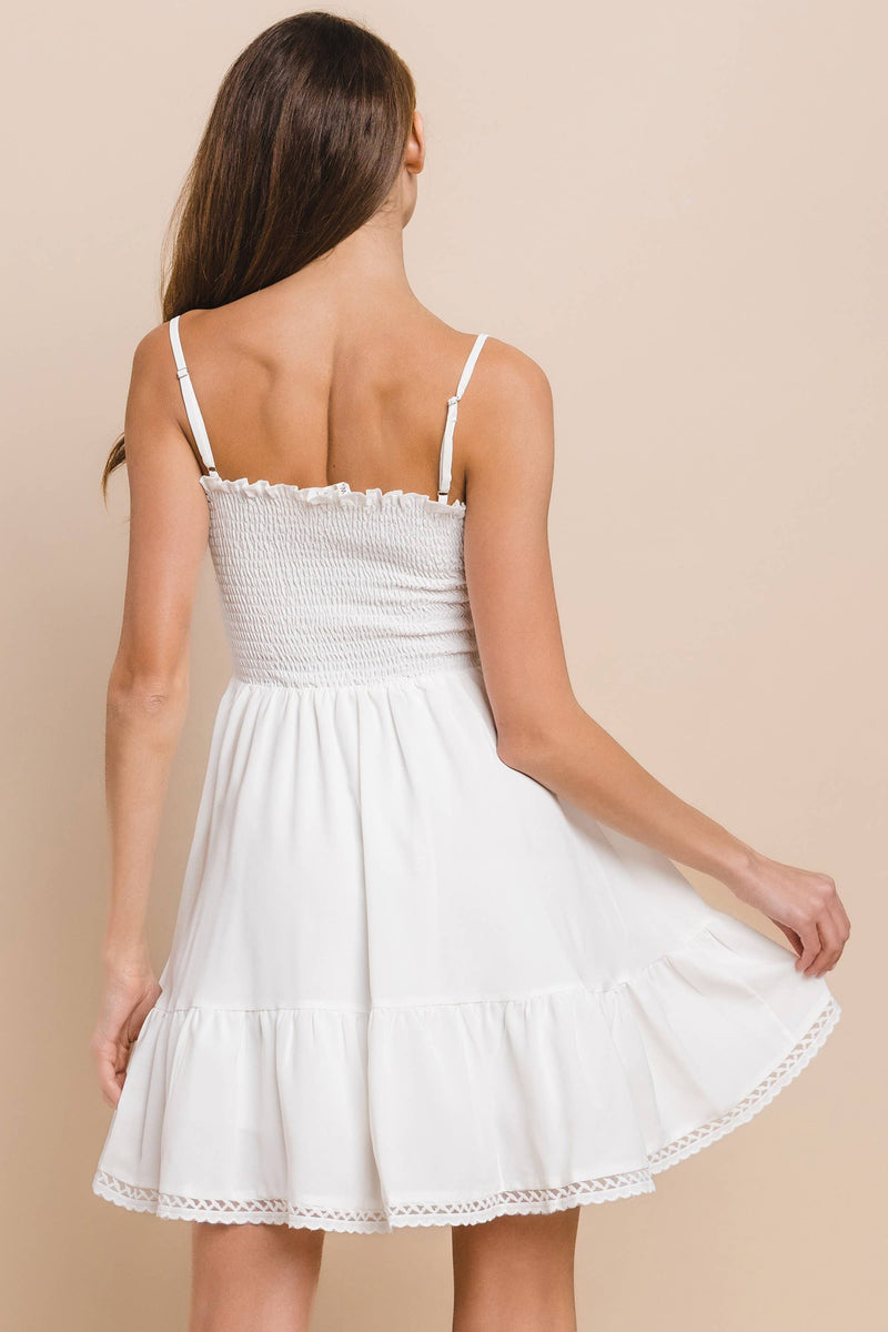 Smocked Babydoll Mini Dress with Lace Trim