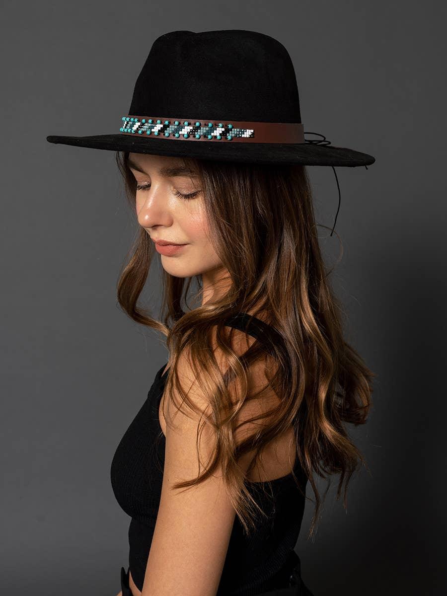 HAT2323 Teo Faux Suede Fedora w/ Turquoise Bead Band